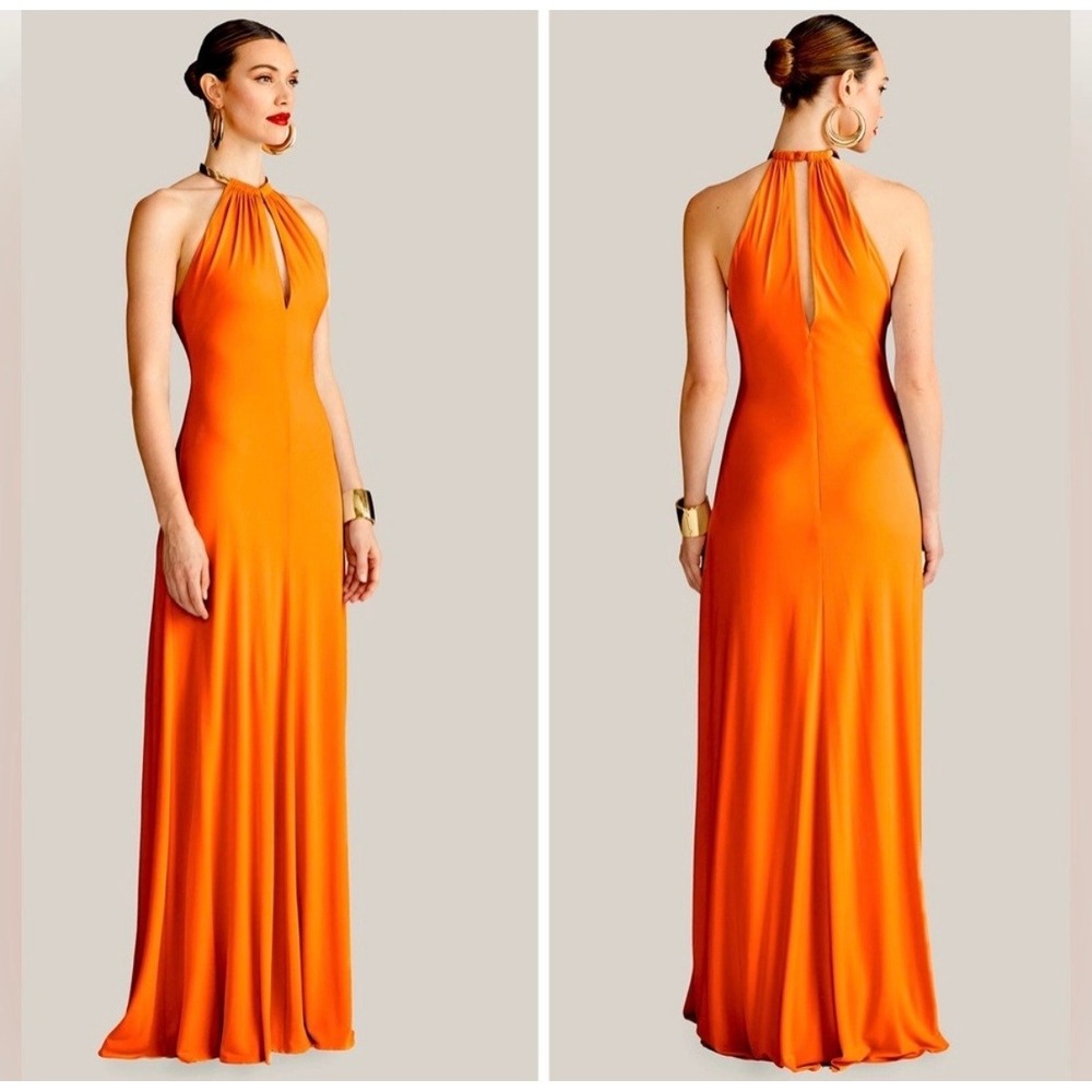 Halston Oriana Jersey Halter Maxi Gown Gold Metal Collar Keyhole Formal Dress 10